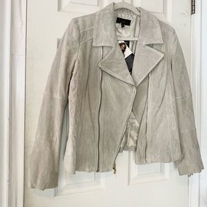 Iman suede 100% leather jacket grey zip up L womens trendy